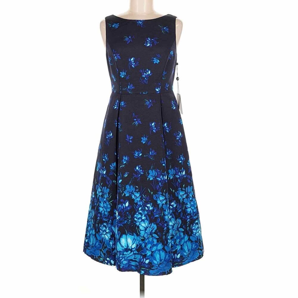 Adrianna Papell Pleated Fail Fit and Flare Back Floral Print Dress Size 6